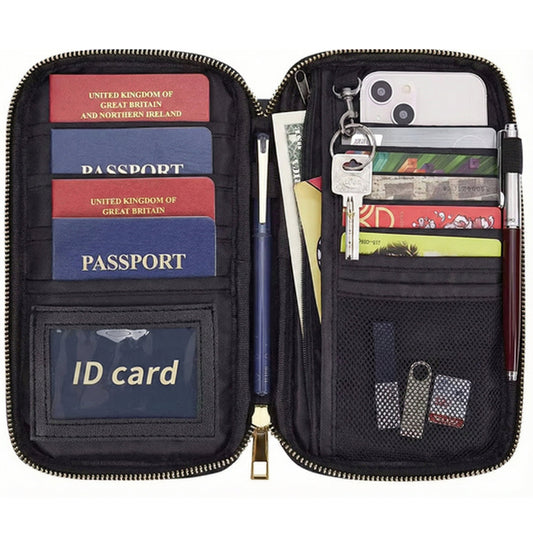 Open fireproof passport wallet showing passport slots, card holders and zippered pocket