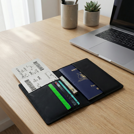 Open leather passport holder showing passport slot, card holders and boarding pass pocket
