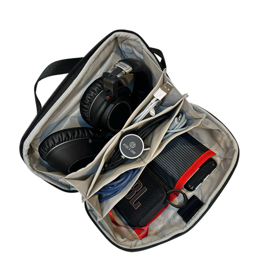 Cable organiser case holding chargers, power bank and accessories