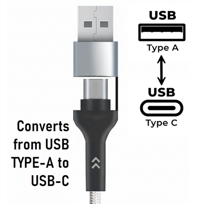 USB charging cable with USB-A and USB-C input connectors
