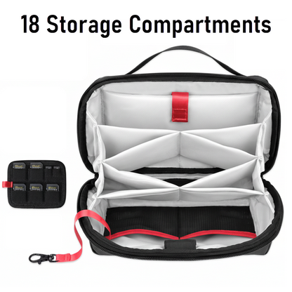 Open tech organiser case showing compartments for cables and chargers