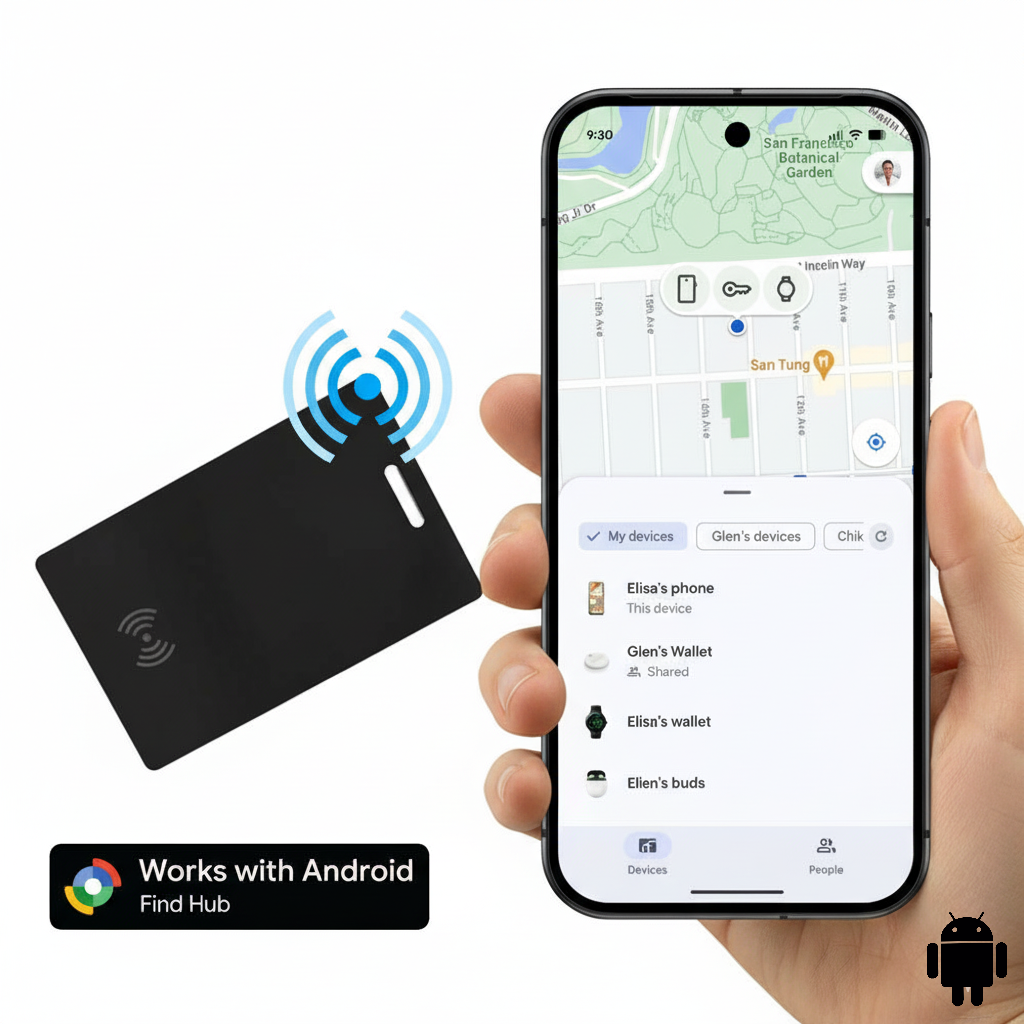 Android smart tracker connected to Google Find Hub on smartphone