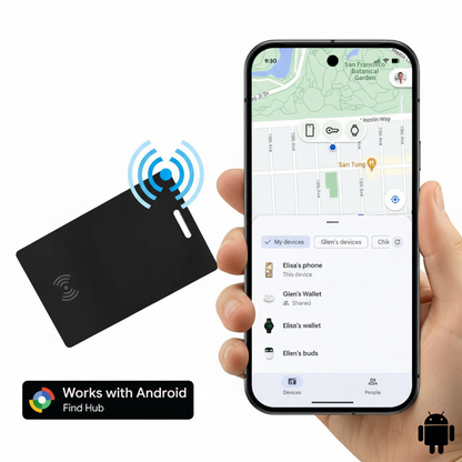 Android smart tracker connected to Google Find Hub on smartphone