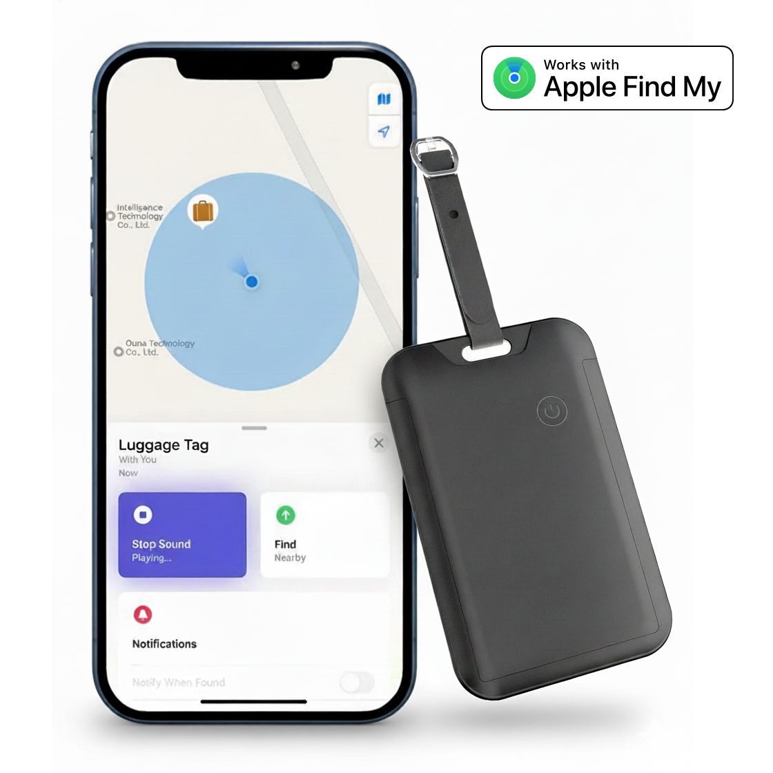 Smart luggage tag attached to a suitcase for tracking