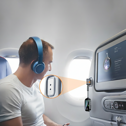 Bluetooth transmitter plugged into airplane entertainment system