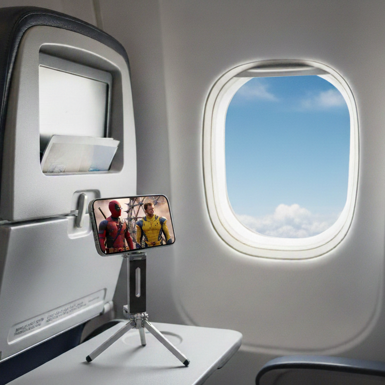 Magnetic phone holder attached to an airline tray table